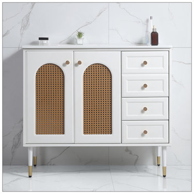 Élégant meuble-lavabo de 36 po avec lavabo en céramique, meuble de rangement en rotin avec deux portes et un tiroir