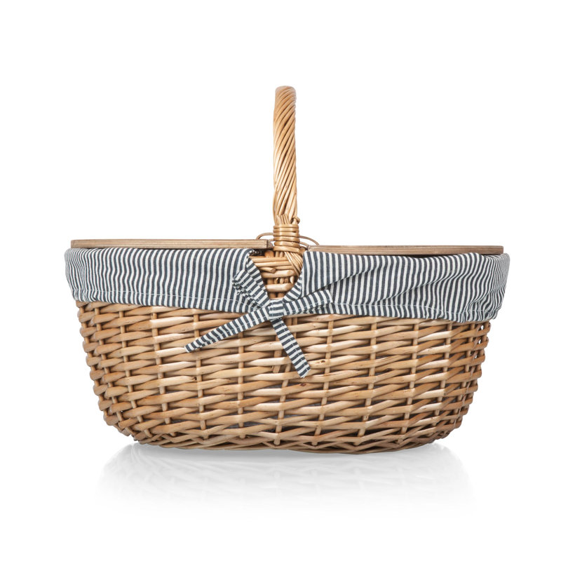 Navy Blue and White Stripe Wicker Picnic Basket with Wooden Lid