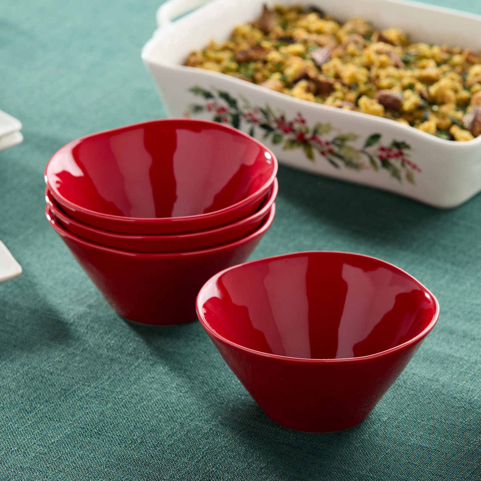 Berry Red Christmas Ice Cream Bowls for Holiday Dessert, Festive Red Stoneware Serving Bowls, Winter Tableware, Mix and Match with Holly and Vines