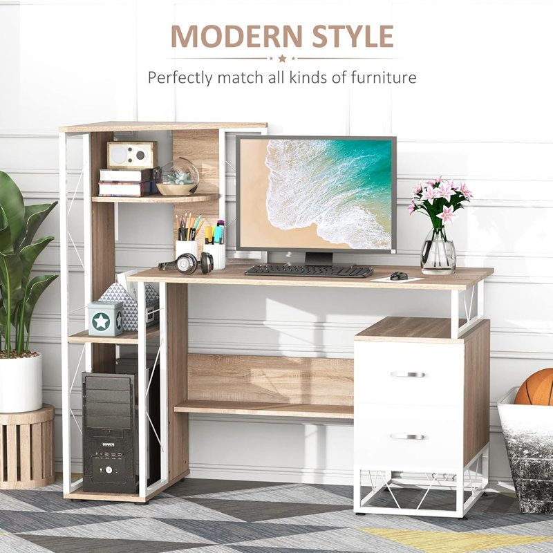 Computer Desk with Drawers and Bookshelf