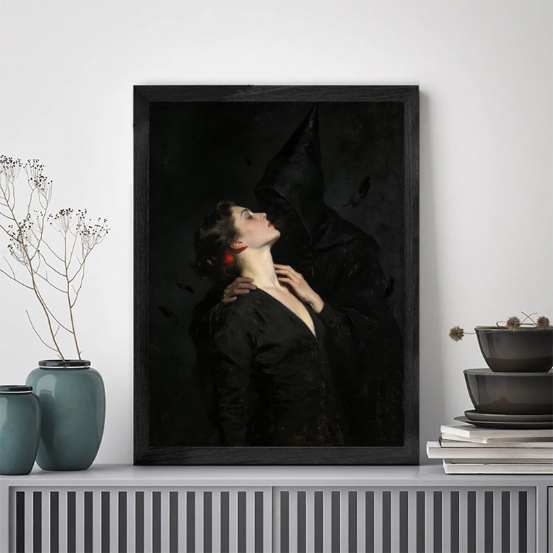 Art noir encadré noir, femme morte, bisous, H 11 po x l 9 po