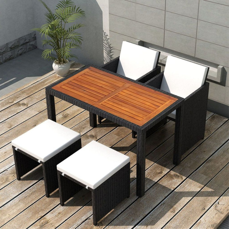 Choquette Rectangular 4 - Person Dining Set with Cushions, Black, 5 Pieces: Table, 2 Stools, 2 Chairs