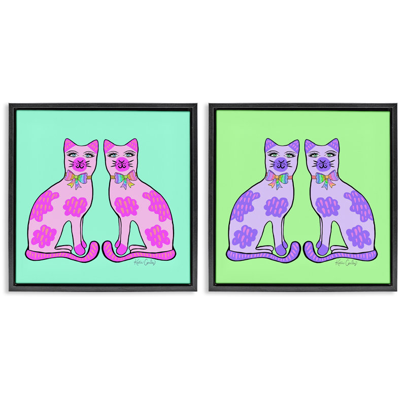 Ensemble de cadres flottants 2 pièces Bright Purple Cat, par Katie Conley, H 25 po x l 25 po, Cadre flottant noir de jais