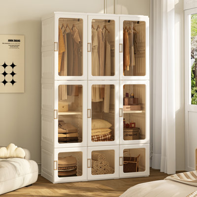 Latitude Run® Modern Modular Folding Wardrobe Closet with Clear Panel Doors and Sections, Freestanding Garment Storage Cabinet for Bedroom