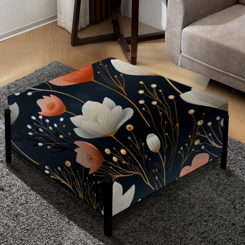 Fleurs botaniques bleues et blanches - Grand repose-pieds carré floral