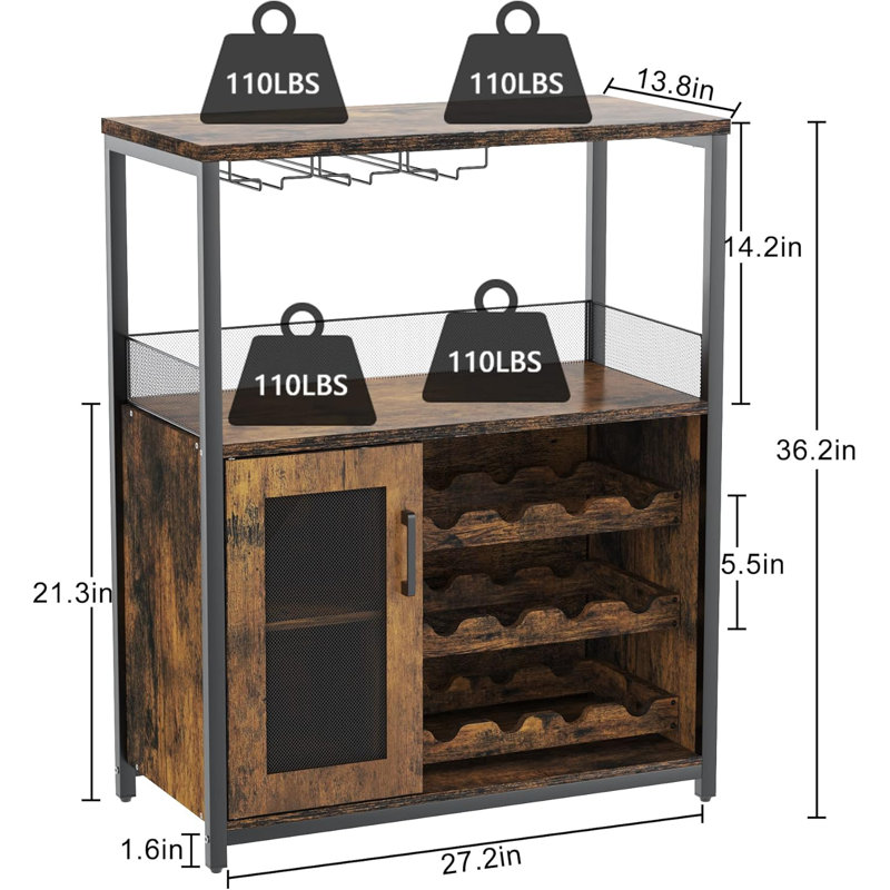 3-Tier Wine Bar Cabinet , Removable Wine Rack, Glass Holder & Mesh Doors – Buffet Sideboard for Kitchen, Living Room, or Home Bar