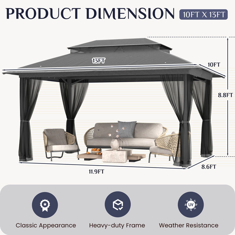 10X13 Gazebo, Outdoor Patio Gazebo With Mosquito Netting, Double Roof Metal Gazebo, Canopy For Backyard Covered Patio, Heavy Duty Gazebo Outdoor For Garden Deck Lawn,Gray