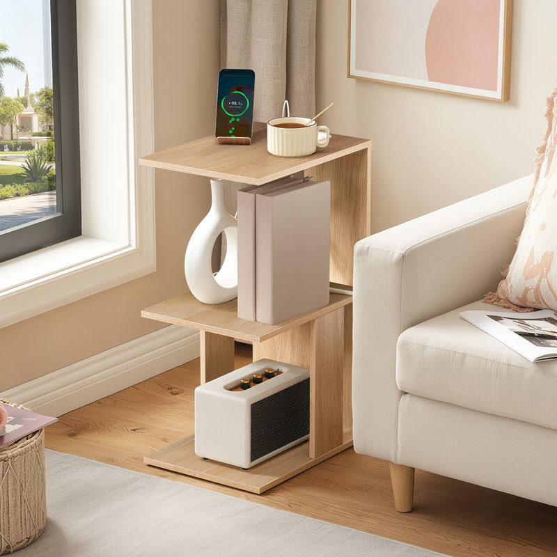 Nikaila 24.4" Tall Narrow End Table with Charging Station and Light, Brown