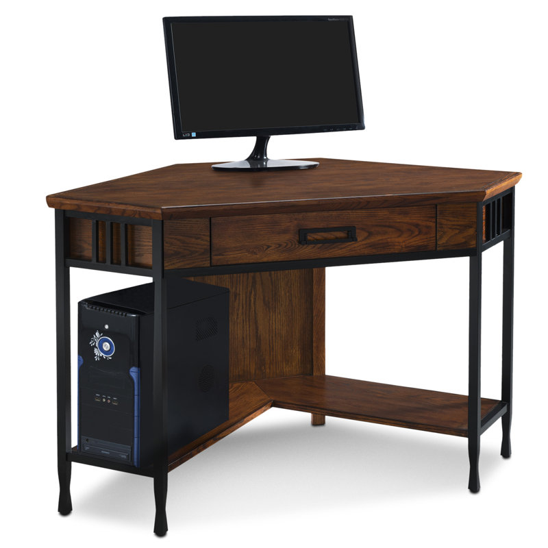 Bureau d'ordinateur d'angle en bois massif et manufacturé Ironcraft couleur chêne mission bruni