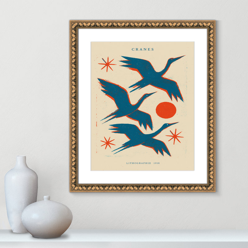 «Cranes» par Treechild, L 22,5 po x H 26,5 po, Matted Print, Gold Leaf Beads