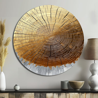«Golden Wood Slide Roots Of Serenity II», art mural rond en métal