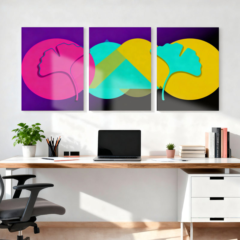 «Abstract Leaf and Circle», reproduction d'art sur toile tendue sur toile, ensemble de 3, H 30 po x l 60 po