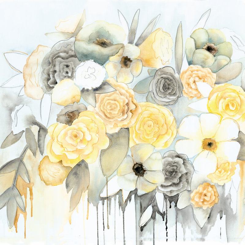 Yellow And Gray Flower Bouquet - Wrapped Canvas Painting, 30cm H x 30cm W x 3.8cm D