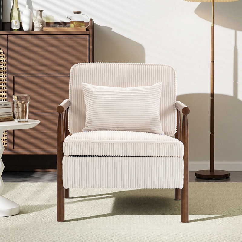 Chaise avec accoudoirs rembourrée Mid-Century, Blanc, Brun