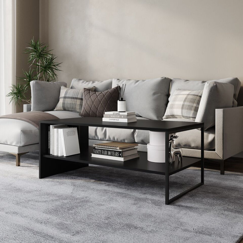 Solid Wood Coffee Table with Storage, Black