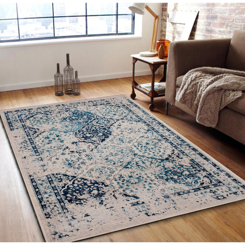 Tapis oriental bleu foncé / crème, Rectangle 5 pi 3 po x 7 pi 3 po