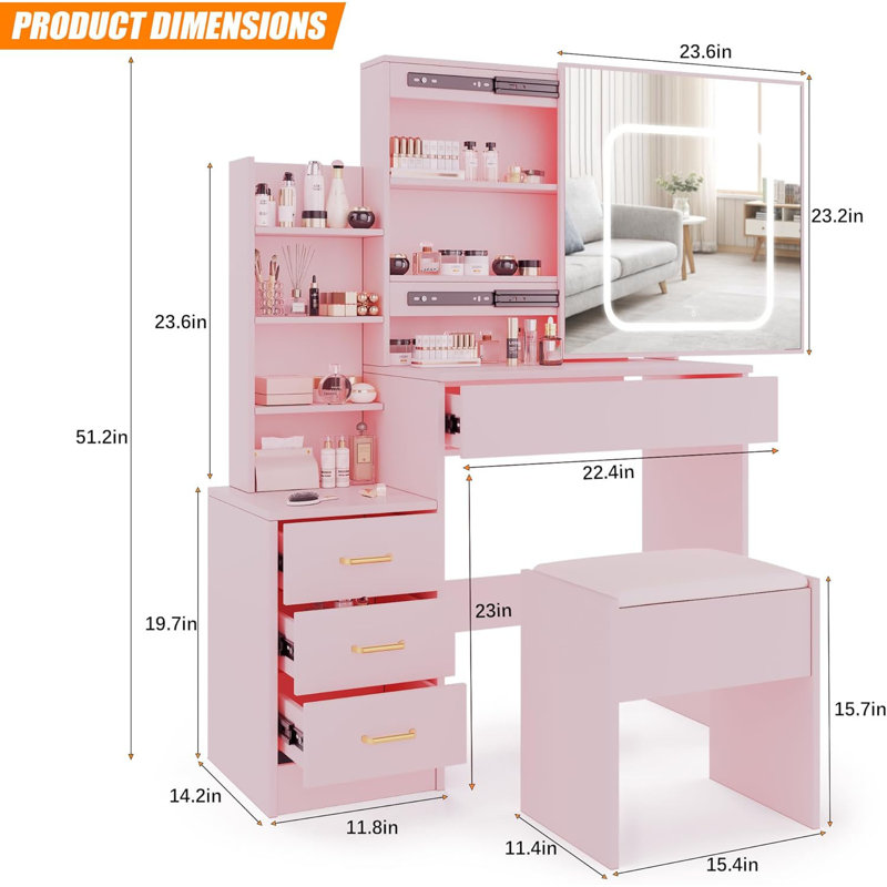 Vanity Desk with Mirror and LED Lights, Makeup Vanity Desk with Sliding Lighted Mirror, Dressing Table Set with Stool & 4 Drawers, Storage Shelves