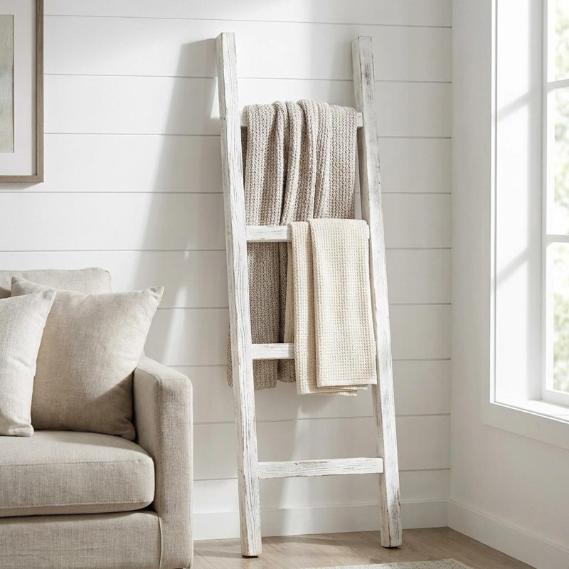 4 Step Rustic White Wood Ladder Shelf, Rustic White