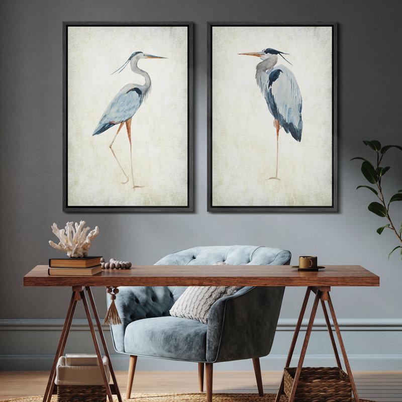 Blue Heron Bird Portrait Coastal Beach Decor - Framed Canvas Master Bedroom Wall Art Set 2 Print, 24" H x 16" W, Black