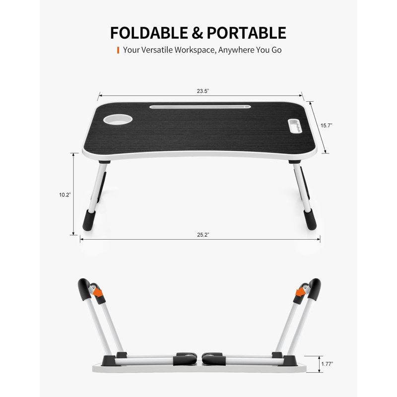  Black Foldable Laptop Table With Cup Holder, Tablet Slot & Handle – Portable Bed Tray Desk For Work, Study, Drawing & Eating