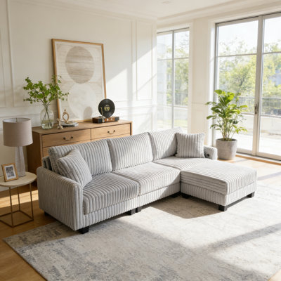 4-Piece 100'' Corduroy Reversible L-Shape Sectional Sofa With Ottoman，Built-In Dual Charging Ports At The Arms