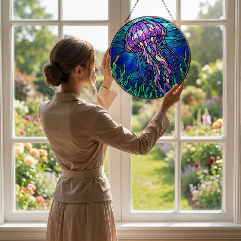 Vitrail de fenêtre en verre coloré 7,8 "H Jellyfish, H 7,8 po x l 7,8 po