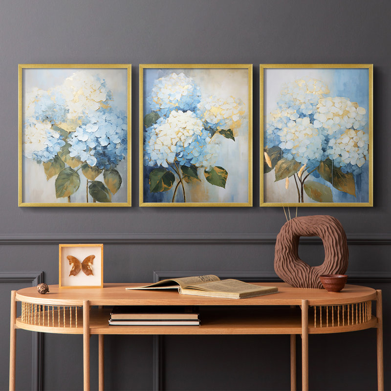 Étude florale, série XXVI, ensemble de 3 estampes numériques, prêt à accrocher, Doré, H 28 po x l 66 po