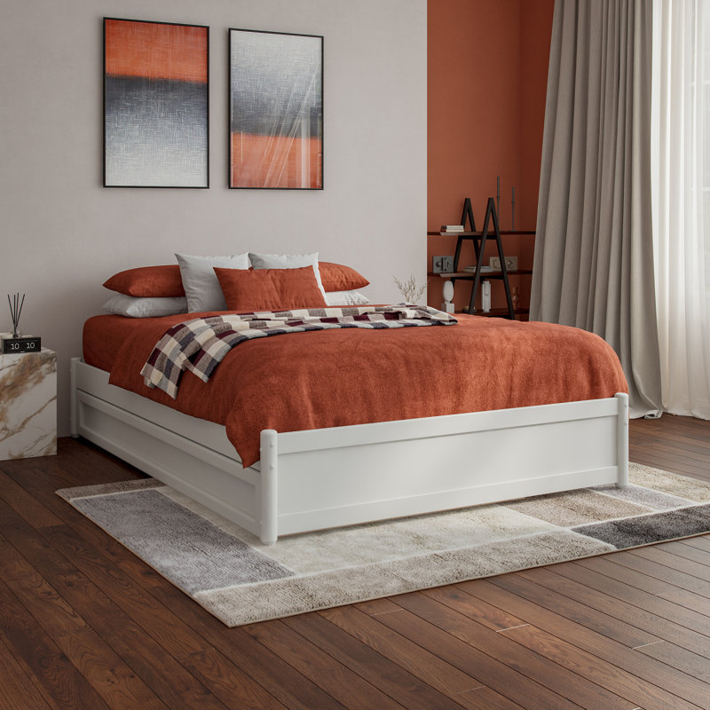 Lit plateforme en bois massif avec lit gigogne assorti Lamariah, Blanc, Double