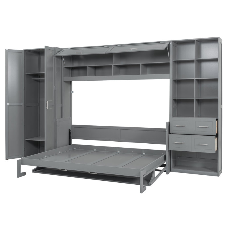 Storage Murphy Bed With Wardrobe, Bookcase And Drawers, Gray, Queen