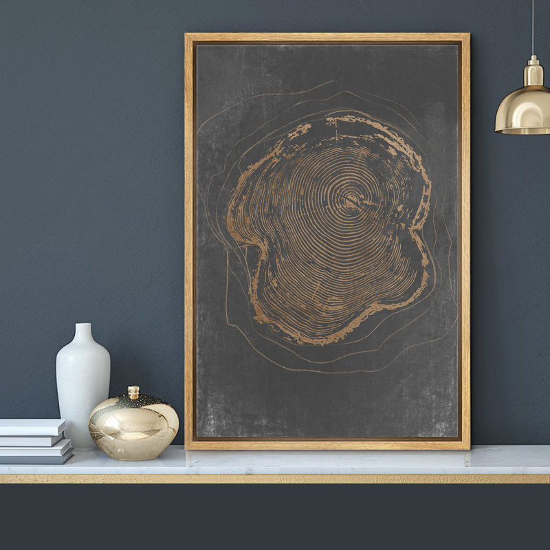 Tree Ring Dark Gray Wood Texture Artwork Minimalist Neutral Pictures Framed Canvas Print Wall Art, 36" H x 24" W , Natural