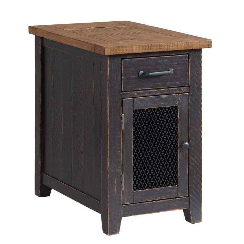 Jakendra Solid Wood End Table with Storage and Built-In Outlets, Honey Top/Antique Black Base
