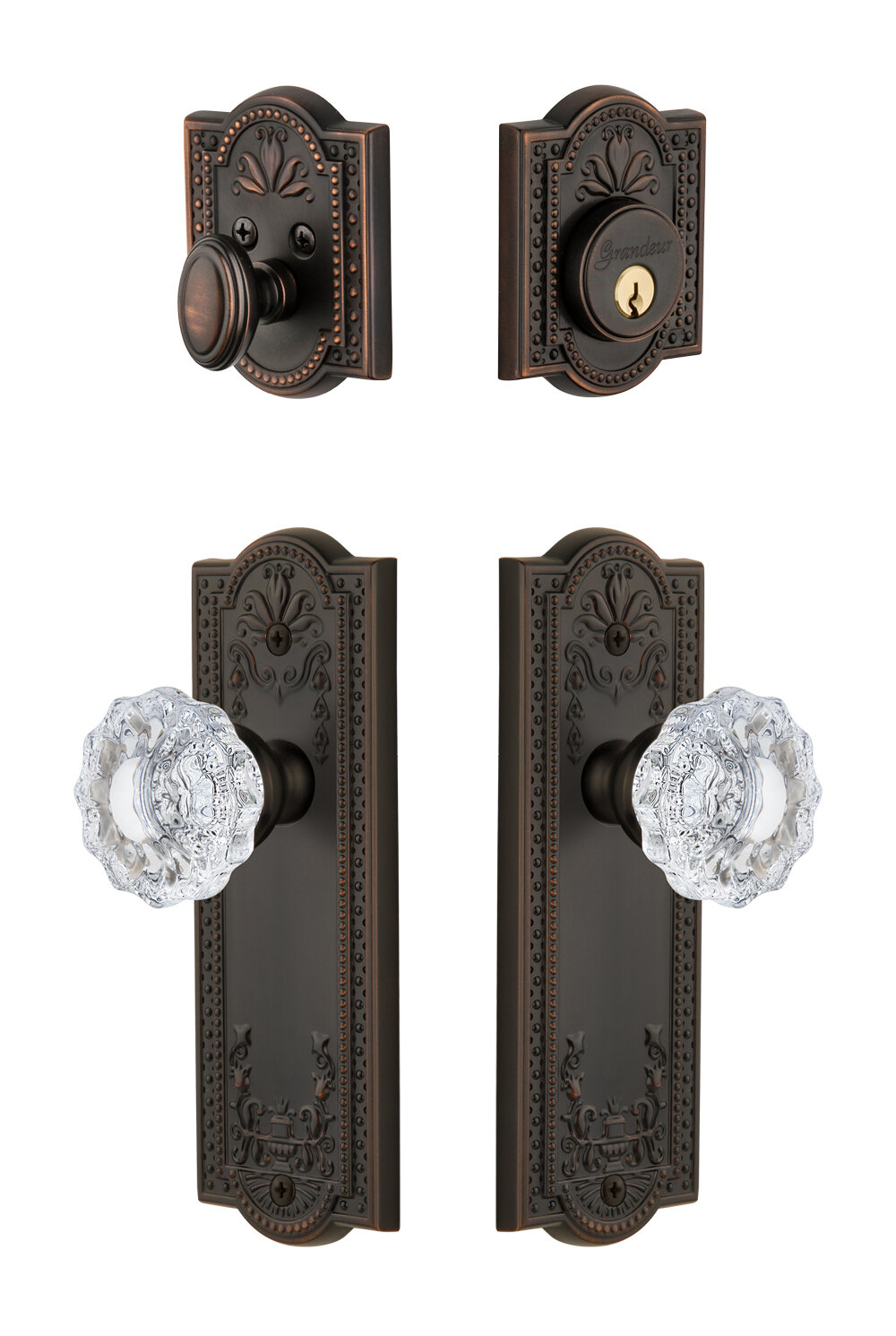 Fifth Avenue Long Plate with Versailles Crystal Knob in Timeles Bronze -  Grandeur Hardware