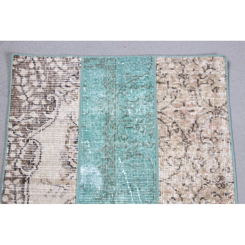 Tapis turc beige et bleu sarcelle tissé à la main à la main - Petite pièce décorative en laine pour le salon ou la chambre à coucher avec design anatolien authentique