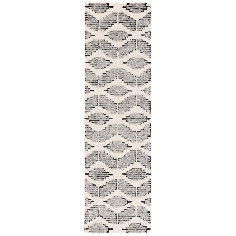 Kuljit Ebony Hand Tufted Wool/Cotton Geometric Rug in White/Gray, Runner 2'3" x 8'