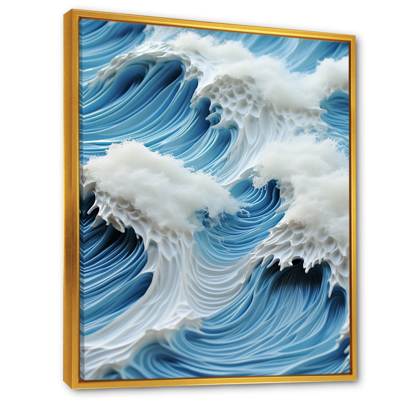 Collage de vagues blanches et bleues - art mural vagues côtières, Cadre flottant doré, 32" H x 16" W