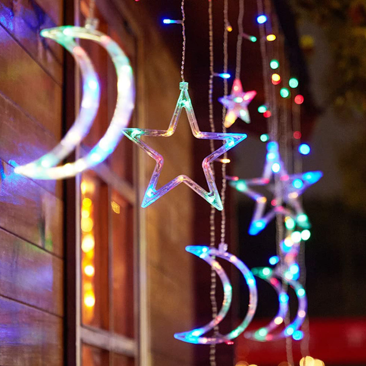 Moon and Star Window LED Icicle Lights, Blue/Yellow/Red