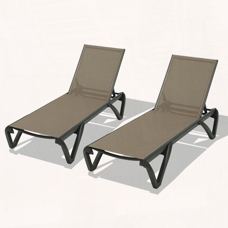 Ensemble de 2 chaises longues de patio en aluminium avec roues et dossier réglable à 5 positions, Kaki
