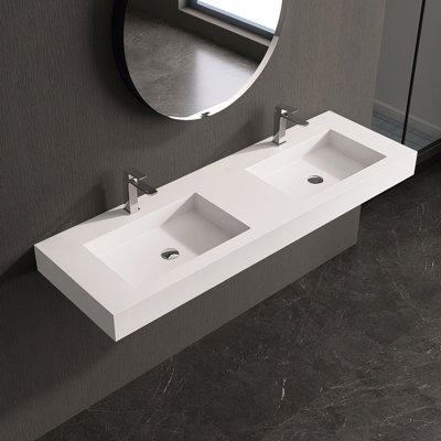 59'' Rectangular Stone Resin Double Bathroom Sink With Faucet Holes