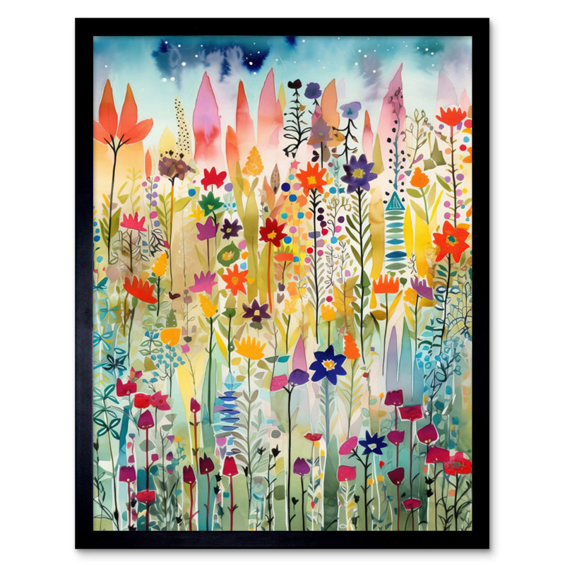 Layered Spring Flower Field Folk Art Artwork Framed Wall Art Print 9X7 Inch