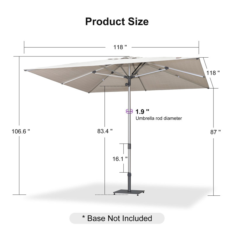 Parasol de terrasse semi-automatique carré de 10 pi avec parasol en argent pour table de marché avec 8 nervures robustes AlumInum, beige