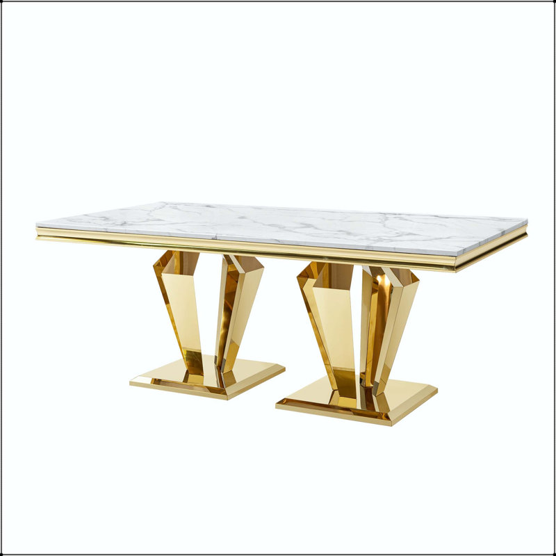 Table de salle à manger en MDF et marbre blanc avec base dorée en forme de losange