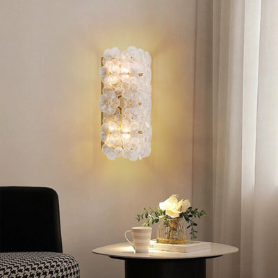 2-Light Gold Wall Sconce With Textured Clear Floral Glass Shades