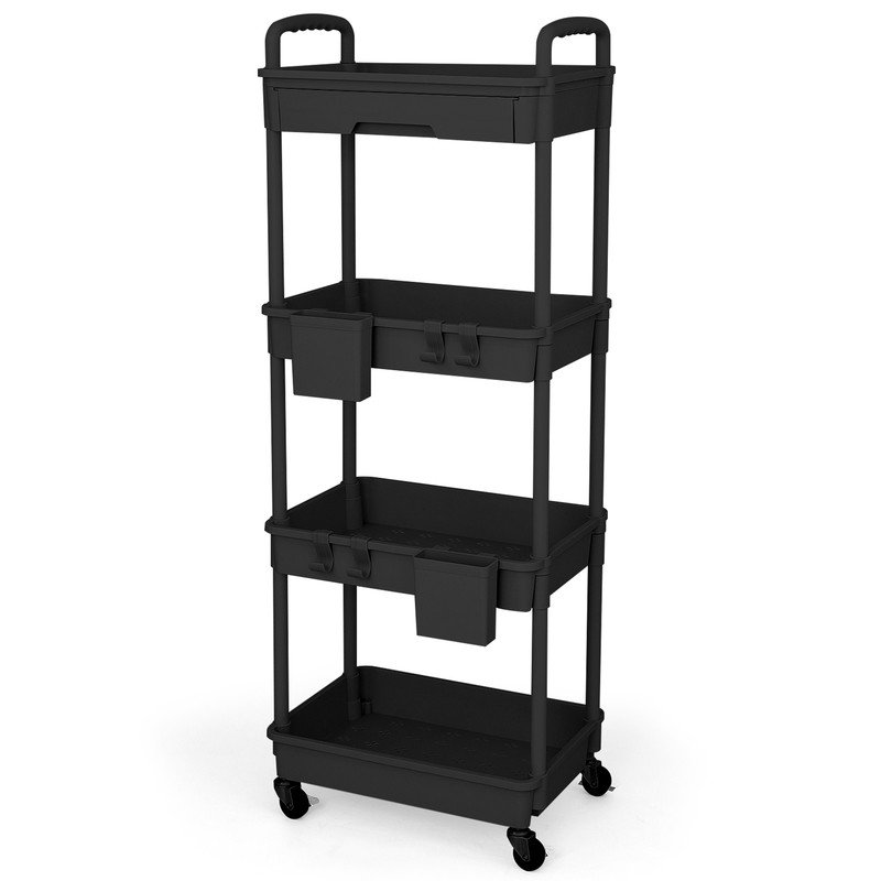 Chariot roulant polyvalent à 4 niveaux avec tiroirs, chariot de rangement pratique et polyvalent avec tablettes en plastique et roues verrouillables