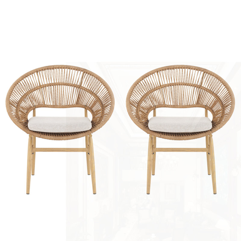 Ensemble de 2 chaises d'extérieur en osier, Coussin beige / structure brun clair