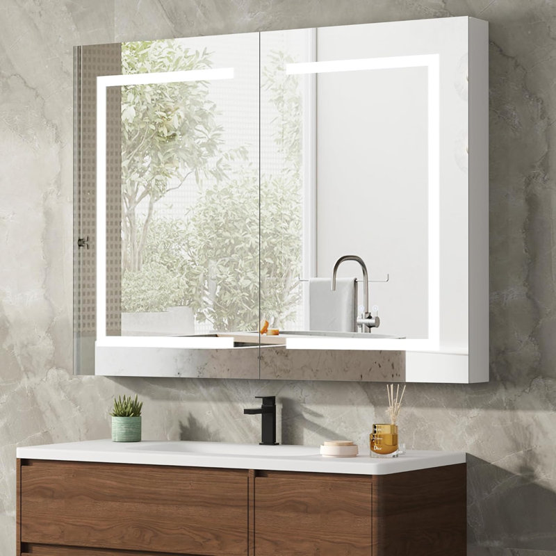 Christhilde Medicine Cabinet with LED Mirror for Bathroom, Defog, Stepless Dimming, 3 Color Change, 2 Outlets, 2USB