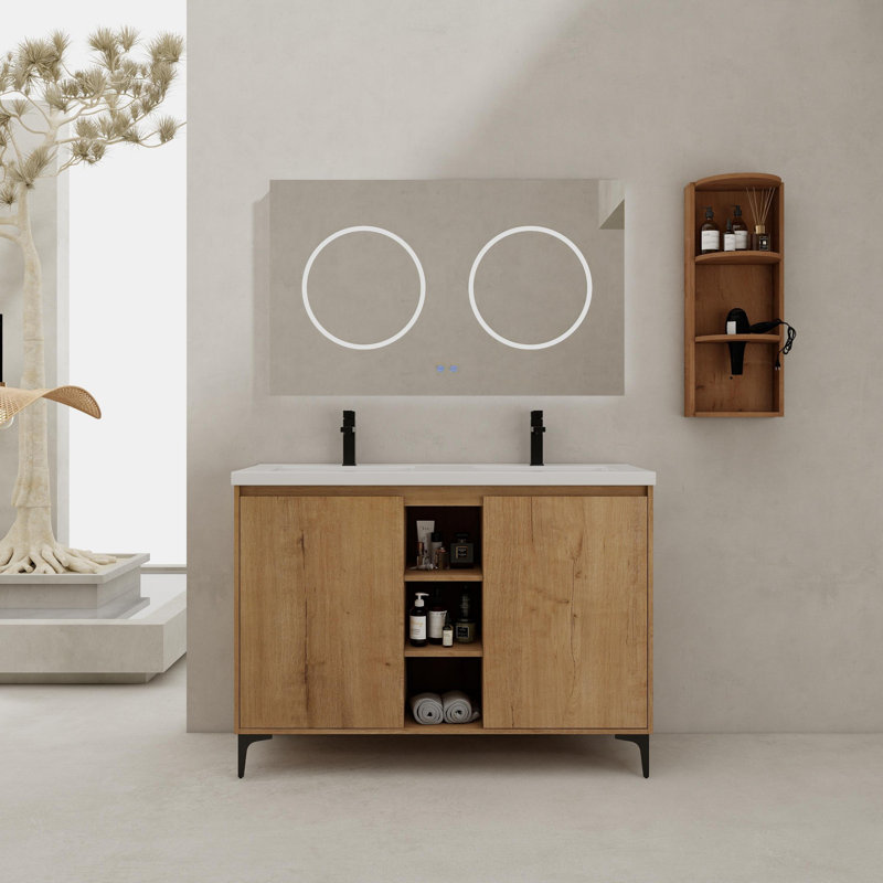 Meuble-lavabo autoportant avec lavabo double et support de rangement, portes à fermeture douce