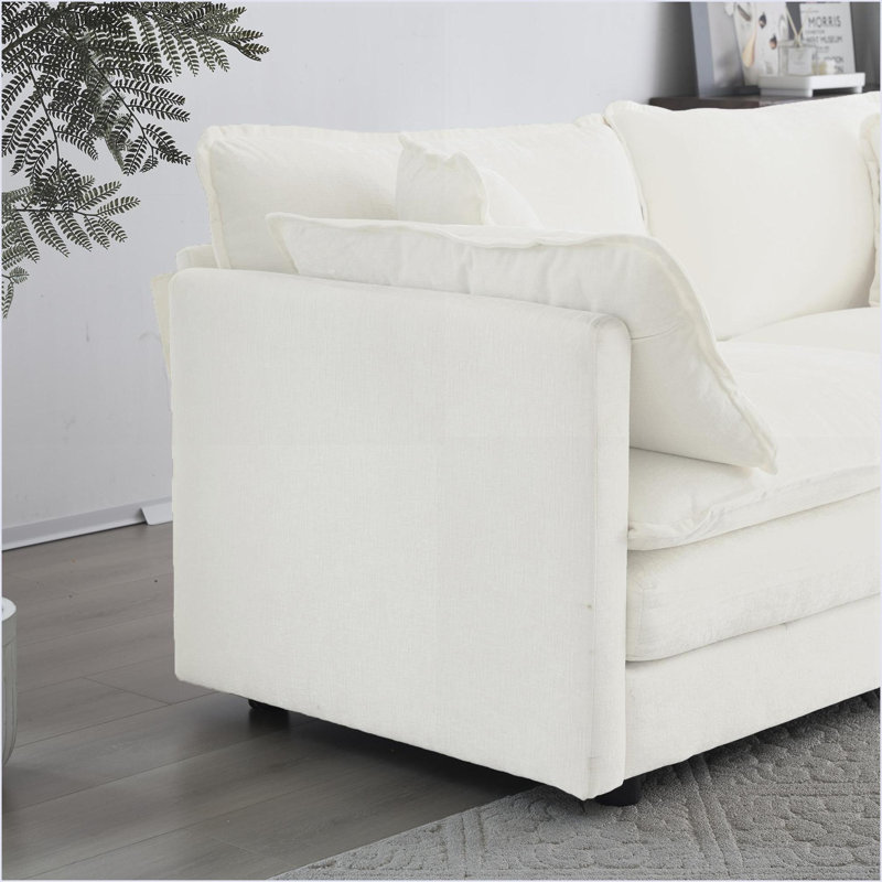 Canapé modulaire en L modulaire avec repose-pieds réversible pour cinéma maison, chenille blanc neige | Blanc | Chenille