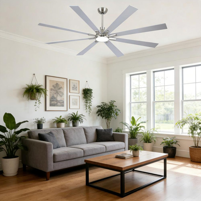 Ventilateur de plafond moderne en nickel brossé à 8 pales 72 "avec lumières DEL, télécommande et moteur à courant continu Modern