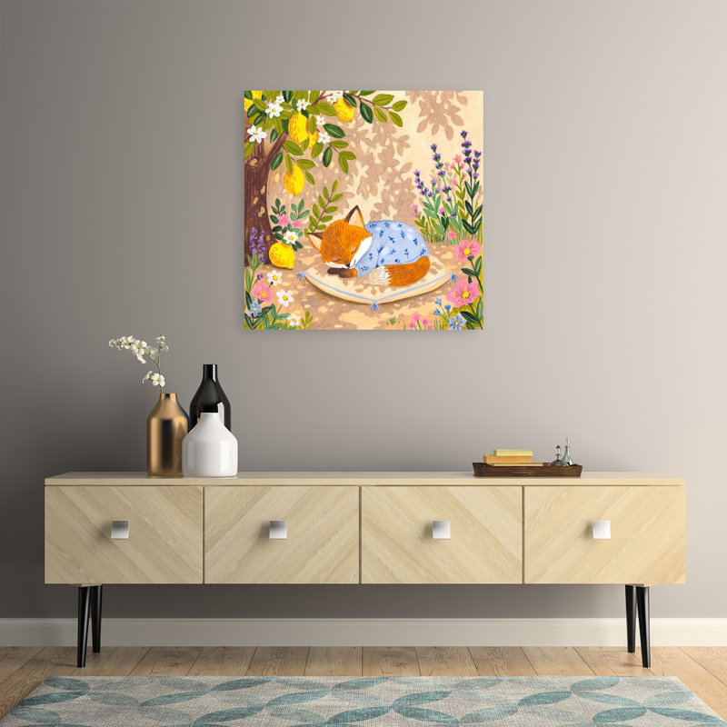 Cozy Fox Nap Peaceful Whimsical Abstract Lemon Tree Fox Lavender Flower Spring Wall Art Print by Caroline Bonne Muller - Wrapped Canvas Print