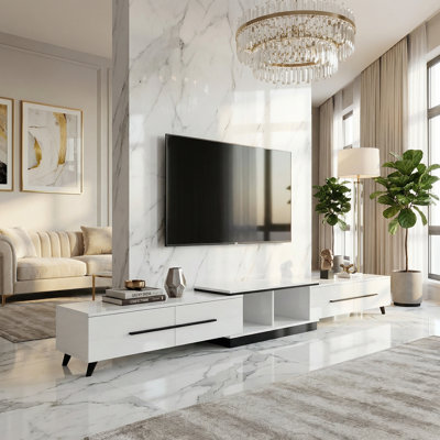 Oneybrook 95–134" Adjustable TV Console with 2 Drawers and Open Shelves, Contemporary Media Cabinet in 2 Colors